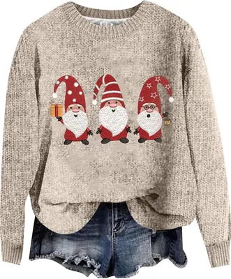 Produktbild von ASKSA Damen Lustige Weihnachtspullover Strickpullover Winter Rundhals Pulli Christmas Sweater Langarm Oberteile Warm Weihnachtspulli,B-Beige,2XL