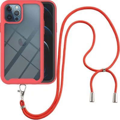 Produktbild von iPhone 12 Pro Max Handykette Hülle, Transparente TPU Bumper Ganzkörper Schutzhülle mit Kordel zum Umhängen Necklace Schlüsselband für iPhone 12 Pro Max Rot
