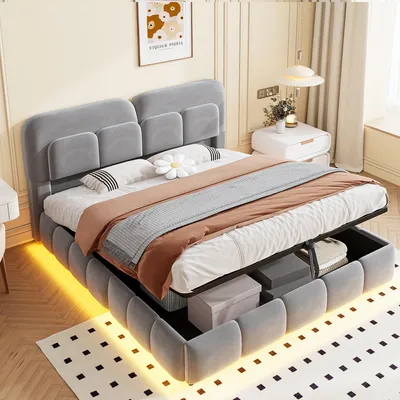 Produktbild von Merax Polsterbett 140x200 cm mit LED Lichtleiste, Doppelbett mit hydraulischem Stauraum und Metallrahmen, gepolstertem Kopfteil, Samt Stoff, Grau