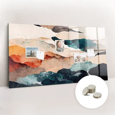 Imagen del producto de Pizarra magnética de pared, con superficie de vidrio y diseño arqueado. Incluye 5 imanes. Dimensiones: 120x60 cm. Diseño: paisaje abstracto