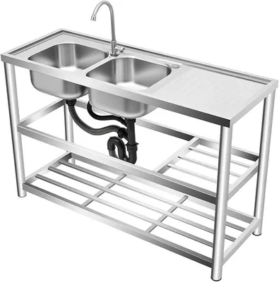 Produktbild von Edelstahl Küchenspüle Spültisch, Doppelbecken Deluxe Spültisch, Freistehende Outdoor Spüle mit Unterschran, Gewerbliche Freistehend Spüle mit Abflusseinheit & Wasserhahn, Komplettes Set