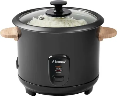 Immagine prodotto di Cuociriso Bestron con manici in bambù, per 8-10 persone, incl. misurino e cucchiaio per riso, con funzione keep warm, capacità 1,8 litri, 700 watt, colore: nero
