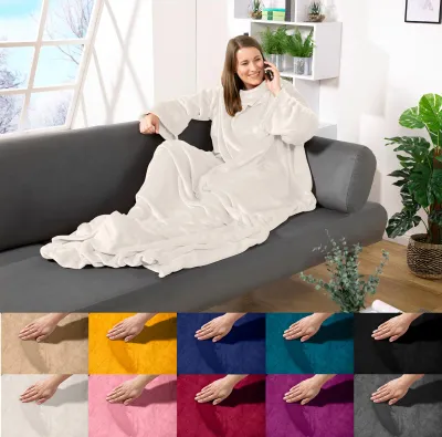 Produktbild von heimtexland ® Ärmeldecke TV Kuscheldecke mit Ärmeln Taschen Fußsack Super Soft Flanell tragbare Decke Ganzkörperdecke Typ870 Creme 180x150 cm