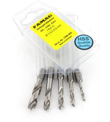 Produktbild von Holzspiralbohrer-Bitsatz kurz 5-teilig. Ø 3, 4,5,6 und 8mm. Im Blister.