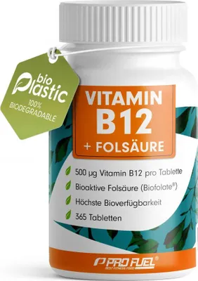 Produktbild von ProFuel Vitamin B12 + Folsäure | 365 Tabletten | 500 µg Vitamin B12 pro Tablette | bioaktive Folsäure | vegan
