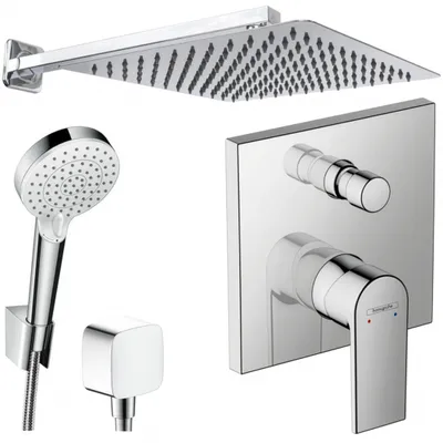 A collection of chrome-finished shower fixtures, including a rain shower head, a handheld shower head with hose and holder, and a concealed shower valve with two controls.