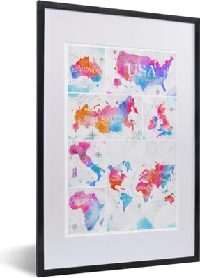 Produktbild von MuchoWow® Gerahmtes Poster Karten - Collage - Aquarell 40x60 cm - Poster mit Schwarzem Bilderrahmen Wandposter Rahmen Foto Bilder - Poster in Rahmen