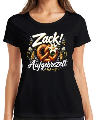 Productafbeelding van Zack! Bayersische pretzel, Wiesn (Oktoberfest) traditionele kleding, dames T-shirt, zwart, maat XL