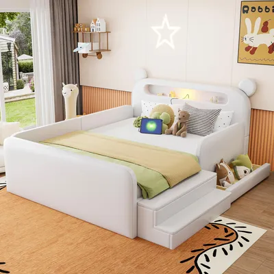 Immagine prodotto di Letto imbottito 140x200 cm, con illuminazione a LED, dotato di porta USB, con cassetti, con spazio contenitivo, con testiera imbottita, colore bianco
