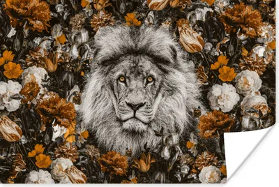 Produktbild von MuchoWow® Poster Blumen - Löwe - Schwarz - Weiß 90x60 cm - Schlafzimmer