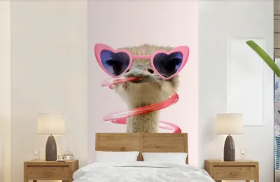 Produktbild von MuchoWow® Fototapete für Wohnzimmer oder Schlafzimmer Wandtapete Vinyl Motivtapete Strauß - Sonnenbrille - Rosa - Tiere - 120x240 cm - Hintergrundbild