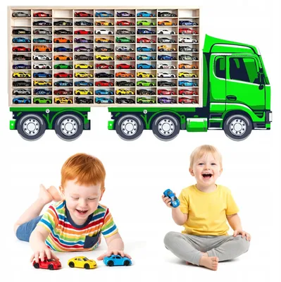 Modellauto-Regal für 80 Autos 1:64 – Wandregal & Setzkasten für Spielzeugautos, Lkw-Motiv, Grün, Birken-Sperrholz – mit Modellautos an der Wand