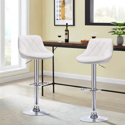 Two white bar stools are shown in a room with a bar table.