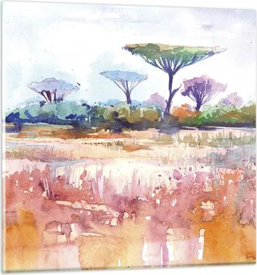 Produktbild von Bilder auf glas - Einteilig - Aquarell Savanne Bäume - 60x60cm - Glasbilder - Wandbilder - Bilder - zum Aufhängen bereit - Wanddekoration aus Glas - Glas Bilder - Wandbild auf Glas - GAC60x60-4484