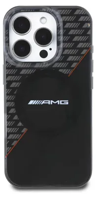 A black iPhone case with AMG branding and a geometric pattern.