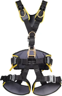 Sicherheitsgurt 'Komplettgurt Expert 3D Steel Speed' von singing rock; schwarz mit gelben Akzenten; für Arbeitssicherheit.