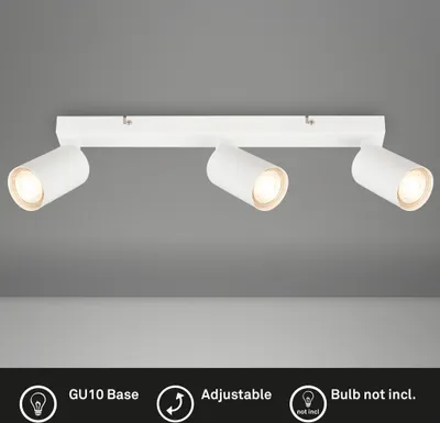 A white three-light ceiling spotlight fixture mounted on a gray background.