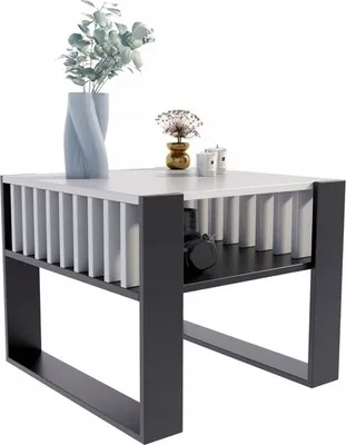 Produktbild von MATAM Moderner Couchtisch IGA Quadratisch, H50 x B60 x T63,6 cm, mit Lamellen im Loft-Stil, funktionales Design, (Weiß-Schwarz)