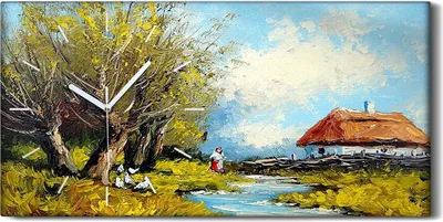 Produktbild von Dekor Leinwand Uhr Wandbilder 60x30 Gemälde Landschaft Dorfbewohner Bäume Wolken - weiße Hände