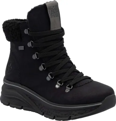 A black Rieker women's boot is shown against a white background.