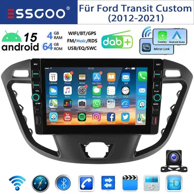 Zdjęcie produktu dla Radio samochodowe 8 cali, format 2 DIN, przeznaczone do Ford Transit Custom (2013-2021), z systemem Android 15, obsługą Carplay i Android Auto, tunerem DAB+, nawigacją GPS, 4 GB pamięci RAM, 64 GB pamięci wewnętrznej, Bluetooth i Wi-Fi