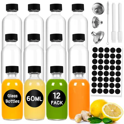 12 Glas-Shotflaschen 60 ml mit Deckeln & Zubehör