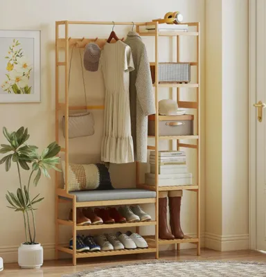 Produktbild von Garderobenständer mit Schuhregal, Kleiderhaken, Mantelständer, Sitzbank mit Kissen, für Flur, Eingangsbereich