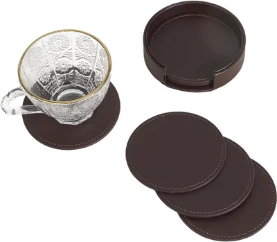 Productafbeelding van Onderzetters van Polyurethanleer ter bescherming van de tafel - Set van 6 - 10 cm - Ronde bekerhouder - Handgemaakte placemats van bruin leer - Antislip