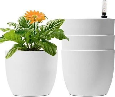 Produktbild von Selbstwassernde Blumenvase 15 cm weiß Wasseranzeige-Set aus 4 Wasserreservoirs Pflanzenbecken innen und außen