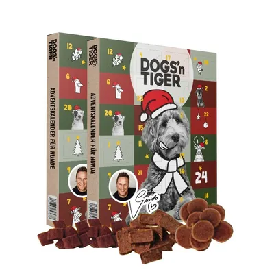 Obrázek produktu pro Dogs'n Tiger, Guido Maria Kretschmer psí adventní kalendář 2025, psí pochoutky, lyofilizované pochoutky, kachny, kuře a losos, vánoční kalendář, sada