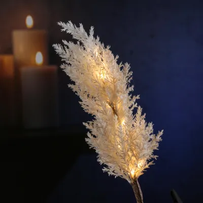 LED Zweig PAMPASGRAS - 12 warmweiße LED - H: 70cm - Batteriebetrieb - Timer- für Innen - weiß