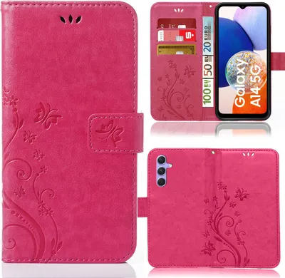 A collage of images showing a pink flip phone case with a floral and butterfly design, including a view of the inside with card slots and a phone inserted.