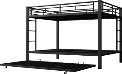 Produktbild von Flieks Etagenbett 140x200cm mit Ausziehbett, Metallbett Kinderbett mit Lattebrost und Rausfallschutz, Hochbett Stockbett Einzelbett, Schwarz