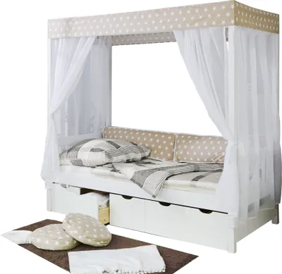 Produktbild von Himmelbett Maria Massivholz Kiefer inkl.Tüll-Set Braun Weiß