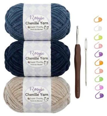 Obrázok produktu pre Chenilleová priadza, háčkovacia priadza, 300 g, sada 3 farieb, s háčikom 6 mm, plyšová priadza vhodná na pletenie pre bábätká