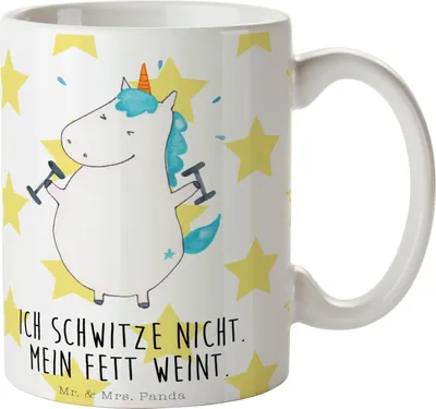 Produktbild von Mr. & Mrs. Panda Tasse Einhorn Fitness - Weiß - Geschenk, Kaffeetasse, Abnehmen, Trinkbecher, Diät, Kaffeebecher, Teetasse, Unicorn, Fitnessstudio, Einhörner, Gym, Pott