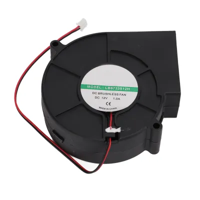 A black centrifugal fan with a white label in the center, red and black wires, and a white connector.