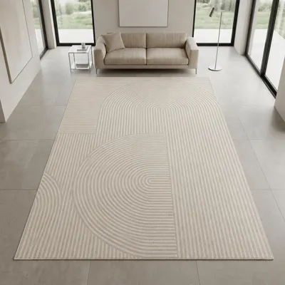 Image de Tapis beige moderne avec motif géométrique, idéal pour les salons et les chambres. Dimensions : 80 x 300 cm