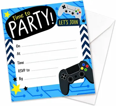Productafbeelding van Uitnodigingen voor een gamefeest, 12 stuks met bijbehorende enveloppen, voor een verjaardag