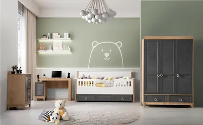 Produktbild von Kindermöbel Garnitur Kinderzimmer Kinderbett Grau Holz Set 4tlg