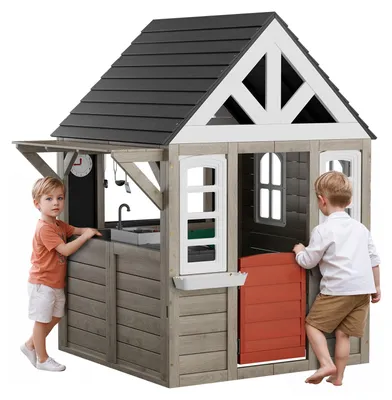 Produktbild von VEVOR Outdoor Holzspielhaus, Modernes Zedernspielhaus für Kinder von 2-10 Jahren, Garten Spiele Cottage, Landhausstil Zedernspielhaus mit funktionierender Tür, Fenster, Blumentopfhalter, Grill, Herd und Spüle, 2-3 m³, Holz
