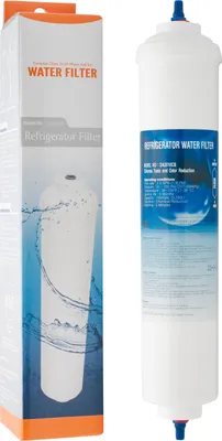 A refrigerator water filter and its packaging.