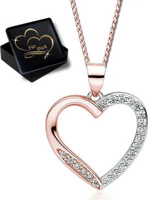 Produktbild von 45cm Halskette Herz echt 925 Sterling Silber Rosegold mit Zirkonia Anhänger für Frauen Damen Kette mit Herz 925er Herzkette  K866 + V11