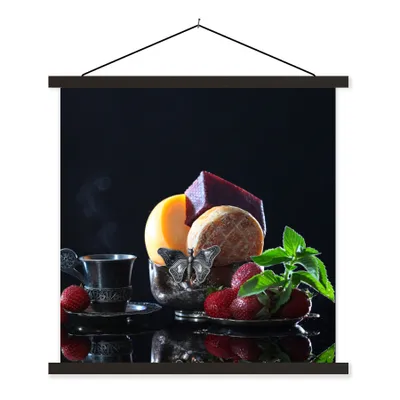 Produktbild von MuchoWow® Textilposter Rustikal - Obst - Käse - Tisch - Stilleben 120x120 cm mit schwarzem Rahmen - Aufhängungsset
