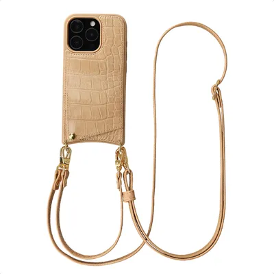 Productafbeelding van Selencia Nova Croco Telefoonhoes met Koord en Pashouder voor de Apple iPhone 16 Pro - Toasted Almond