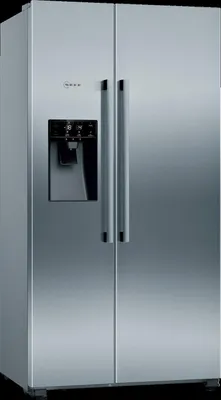 A studio shot of a stainless steel side-by-side refrigerator with a water dispenser.