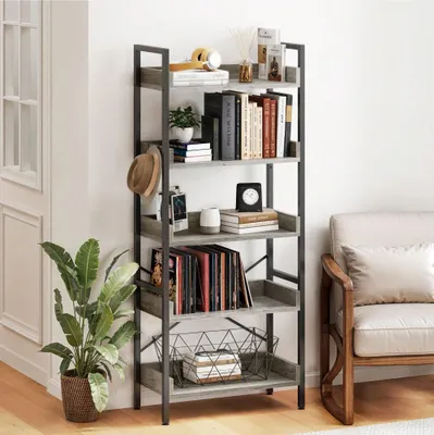 Produktbild von 5 Ebenen Bücherregal Lagerregal, Bodenstehendes Standregal mit 4 Haken, Vintagebraun, für Wohnzimmer, Büro, 64 x 30 x 158 cm