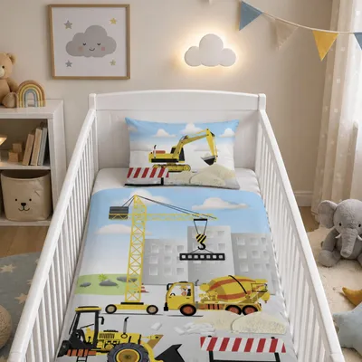 Produktbild von Baby Bettwäsche 100 x 135 cm süße Bettwäsche "Baustelle" mit Bagger, Kran & Kipper 2-teiliges Set aus 100% Baumwolle mit Reißverschluss