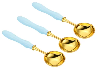Image de Cuillères à cire - Lot de 3, avec long manche en bois et en laiton - pour faire fondre la cire pour cacheter les enveloppes et pour travaux de loisirs créatifs - 4 pouces - Bleu ciel