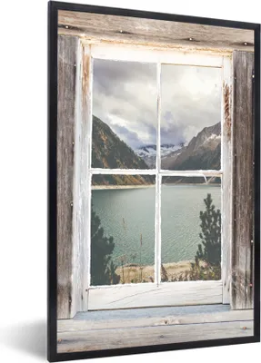 Produktbild von MuchoWow® Gerahmtes Poster Durchschaubar - Holz - Berge 60x90 cm - Poster mit Schwarzem Bilderrahmen Wandposter Rahmen Foto Bilder - Kunst